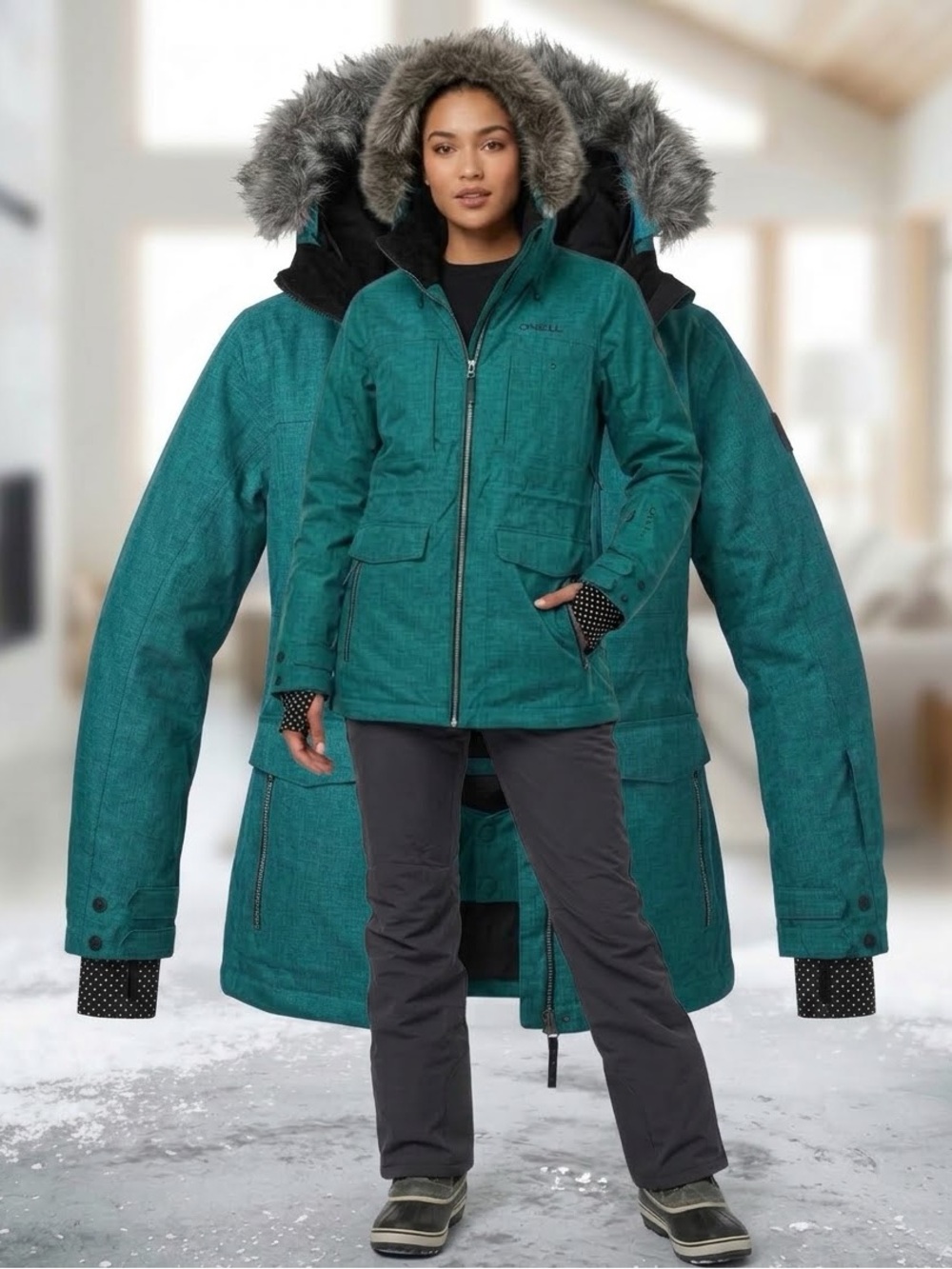 O'Neill Women's Teal Hooded Ski Jacket with Faux Fur Trim Winter Snowboard Water